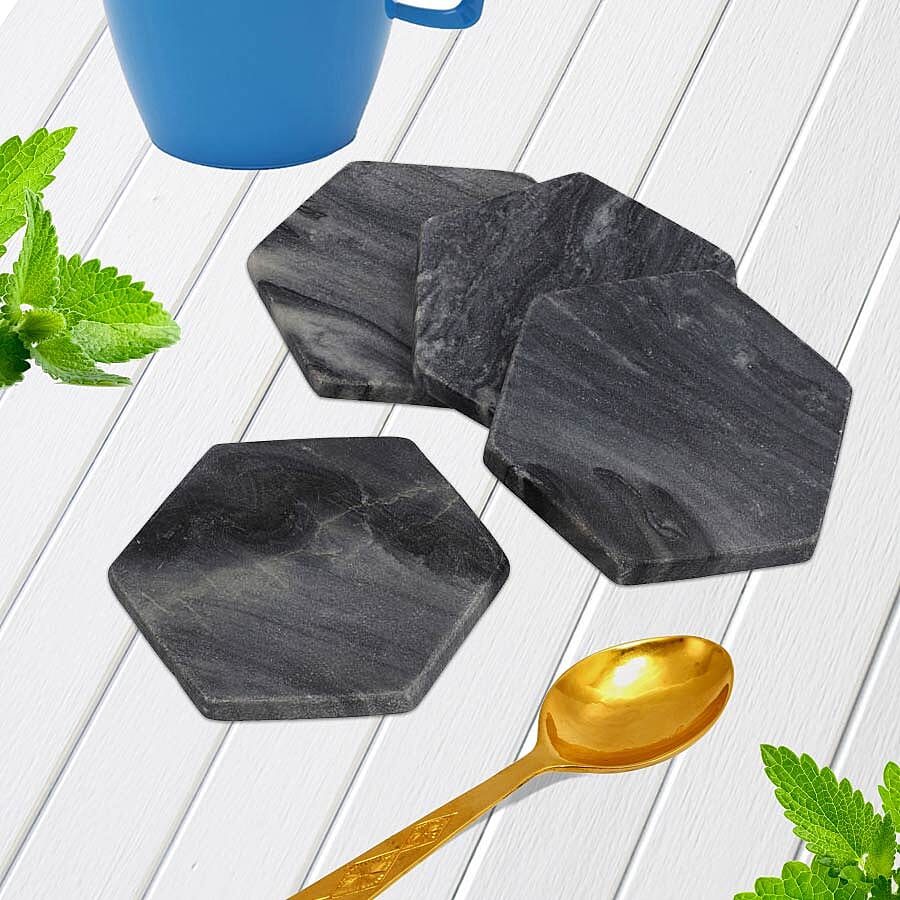 Set of 4 - Hexagon Shaped Marble Coasters (Size 10x10cm) - Grey