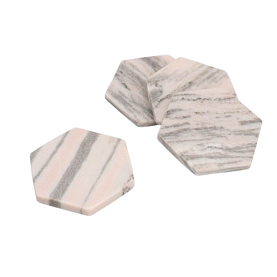 NAKKASHI - Set of 4 - Hexagon Shaped Marble Coasters (Size 10x10cm) - Pink