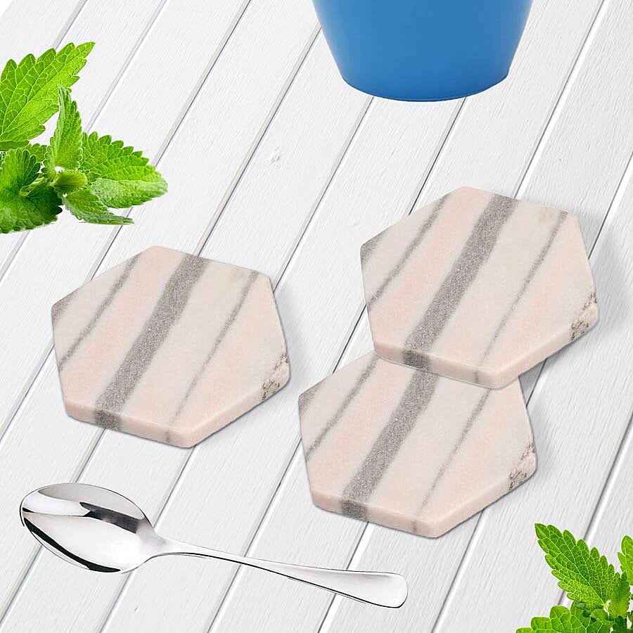 NAKKASHI - Set of 4 - Hexagon Shaped Marble Coasters (Size 10x10cm) - Pink