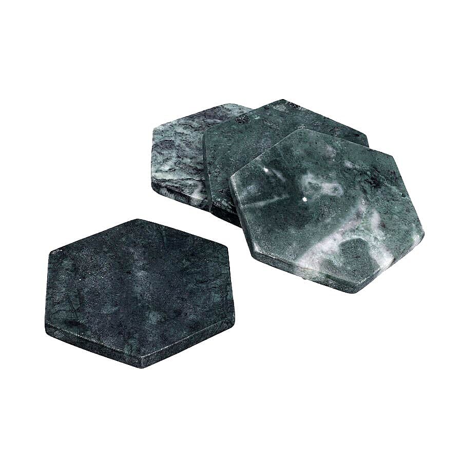 NAKKASHI - Set of 4 - Hexagon Shaped Marble Coasters (Size 10x10cm) - Green