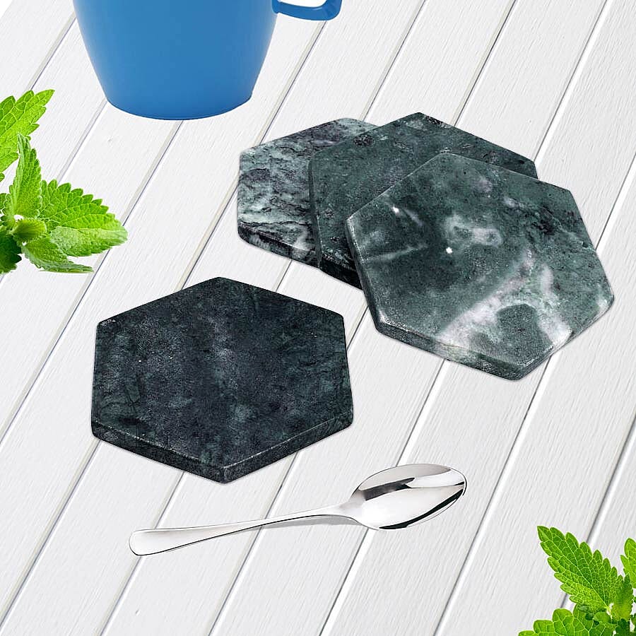 NAKKASHI - Set of 4 - Hexagon Shaped Marble Coasters (Size 10x10cm) - Green