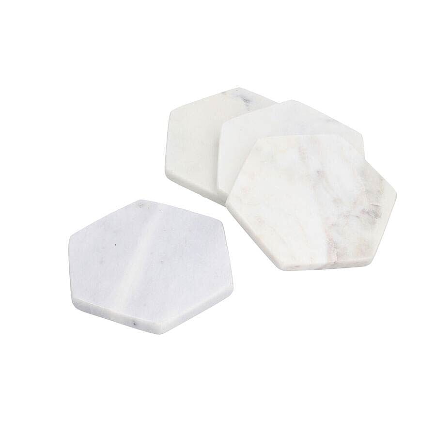 Set of 4 - Hexagon Shaped Marble Coasters (Size 10x10cm) - White