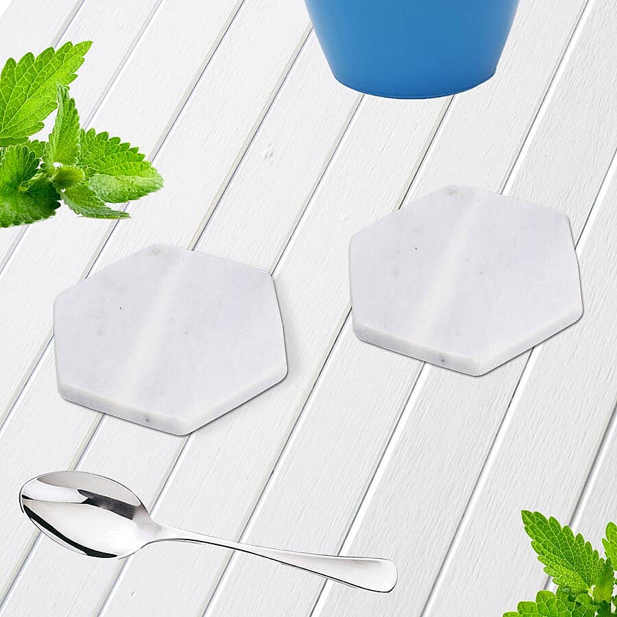 Set of 4 - Hexagon Shaped Marble Coasters (Size 10x10cm) - White