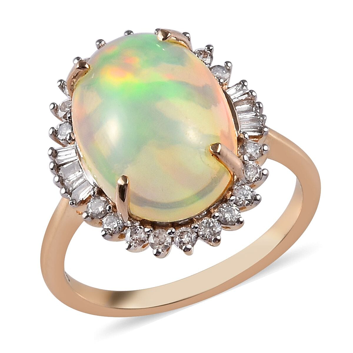 9K Yellow Gold Ethiopian Welo Opal (Ovl 14x10mm) and Diamond (I3-H) Ring 4.65 Ct.