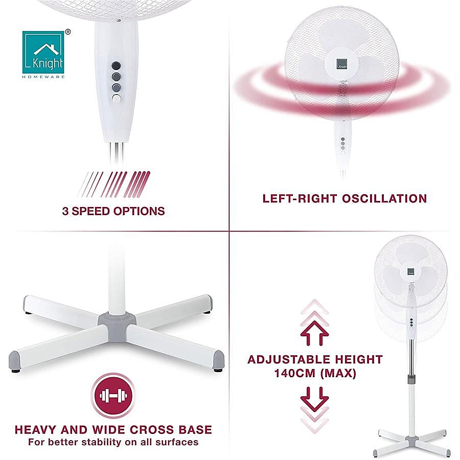 Pedestal Stand 16 Inch Fan (140cm Adjustable Height, 3 Speed Setting, Extra Wide Cross Base, Oscillating, Tilting Head)