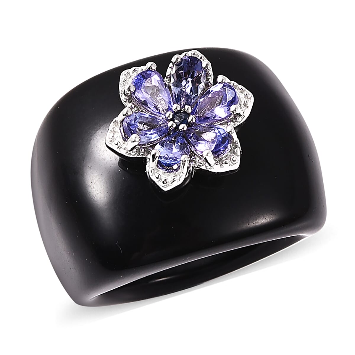 Black Onyx, Tanzanite and Madagascar Blue Sapphire Floral Ring in Rhodium Overlay Sterling Silver 51.80 Ct.