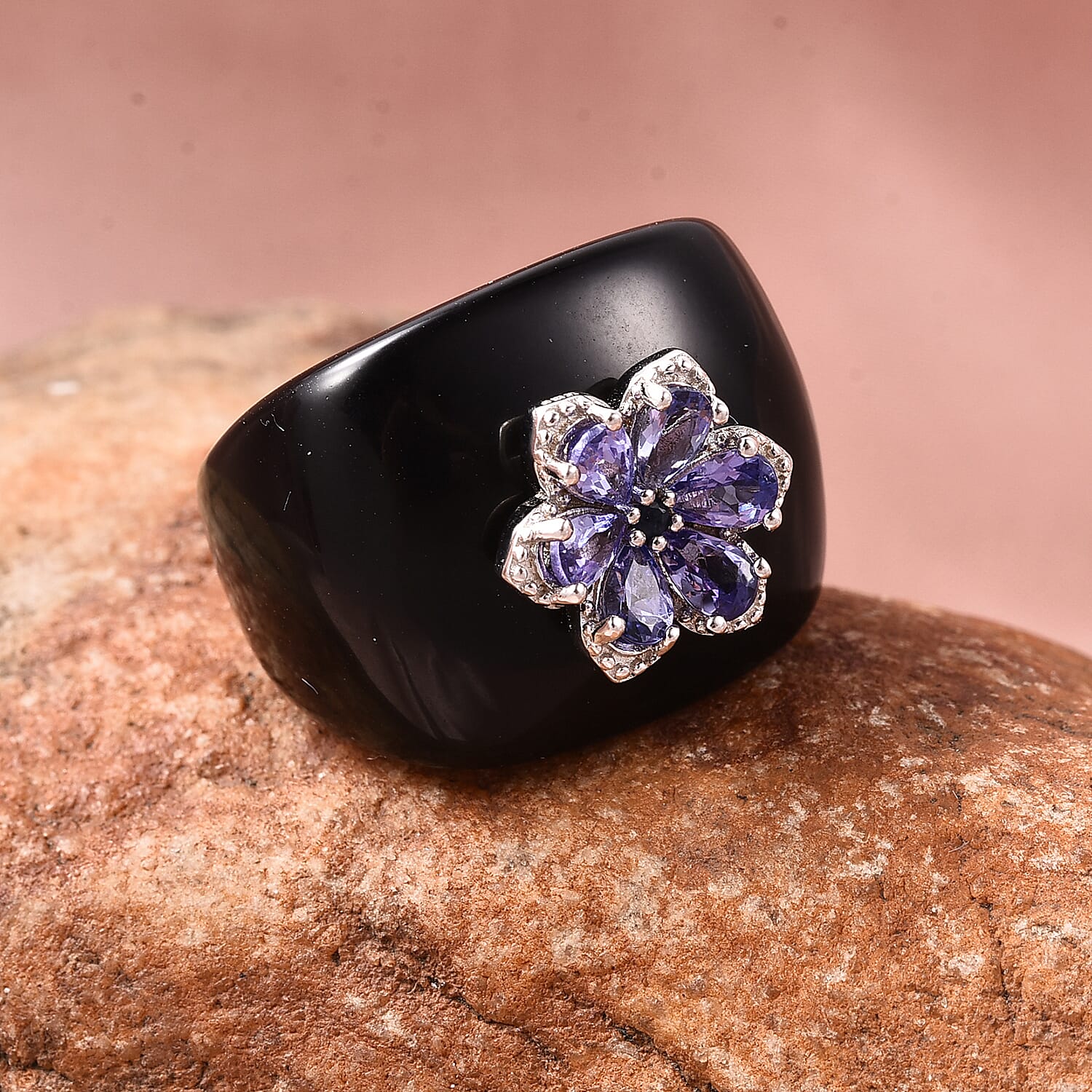 Black Onyx, Tanzanite and Madagascar Blue Sapphire Floral Ring in Rhodium Overlay Sterling Silver 51.80 Ct.