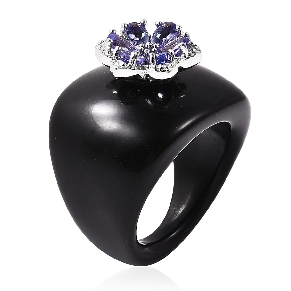 Black Onyx, Tanzanite and Madagascar Blue Sapphire Floral Ring in Rhodium Overlay Sterling Silver 51.80 Ct.