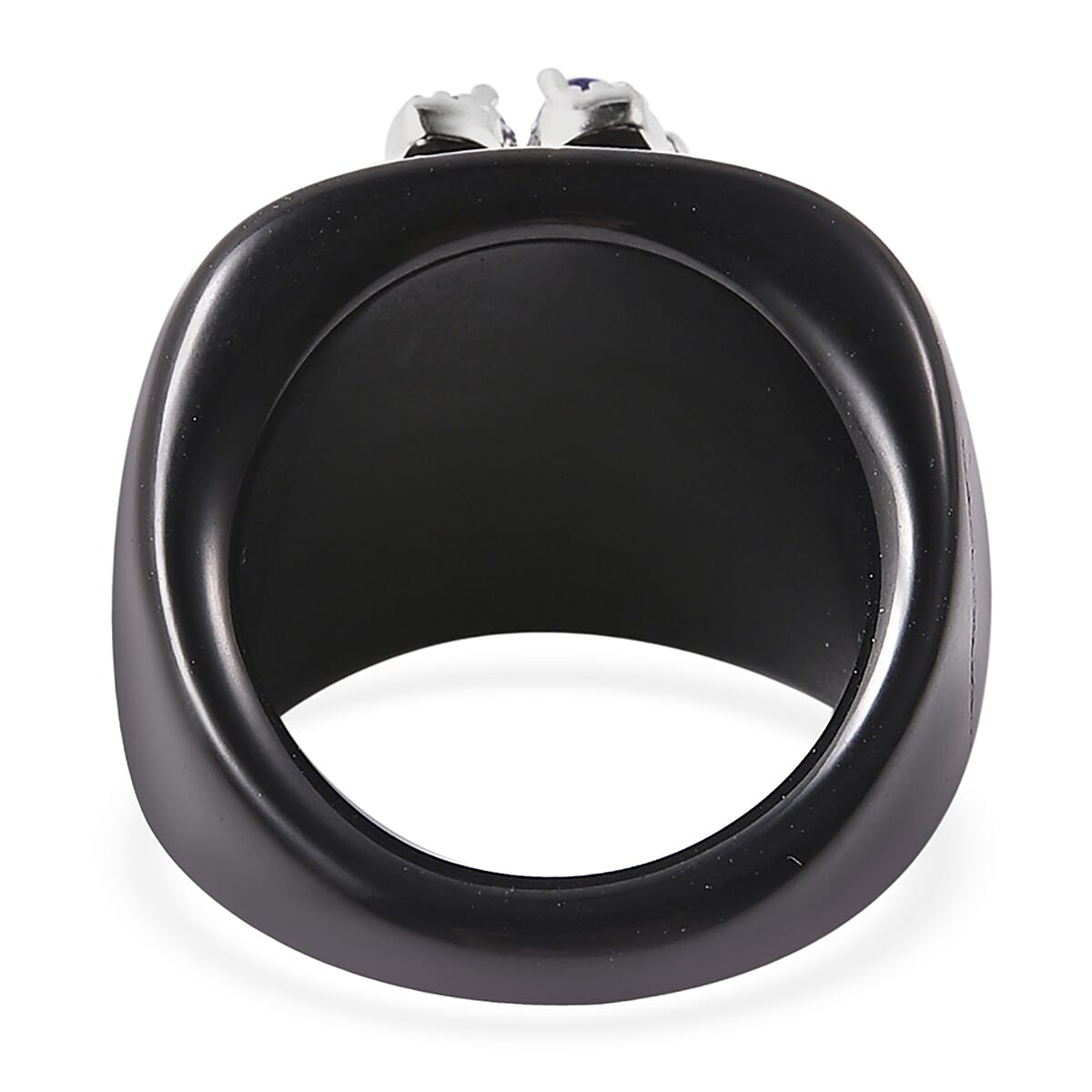 Black Onyx, Tanzanite and Madagascar Blue Sapphire Floral Ring in Rhodium Overlay Sterling Silver 51.80 Ct.