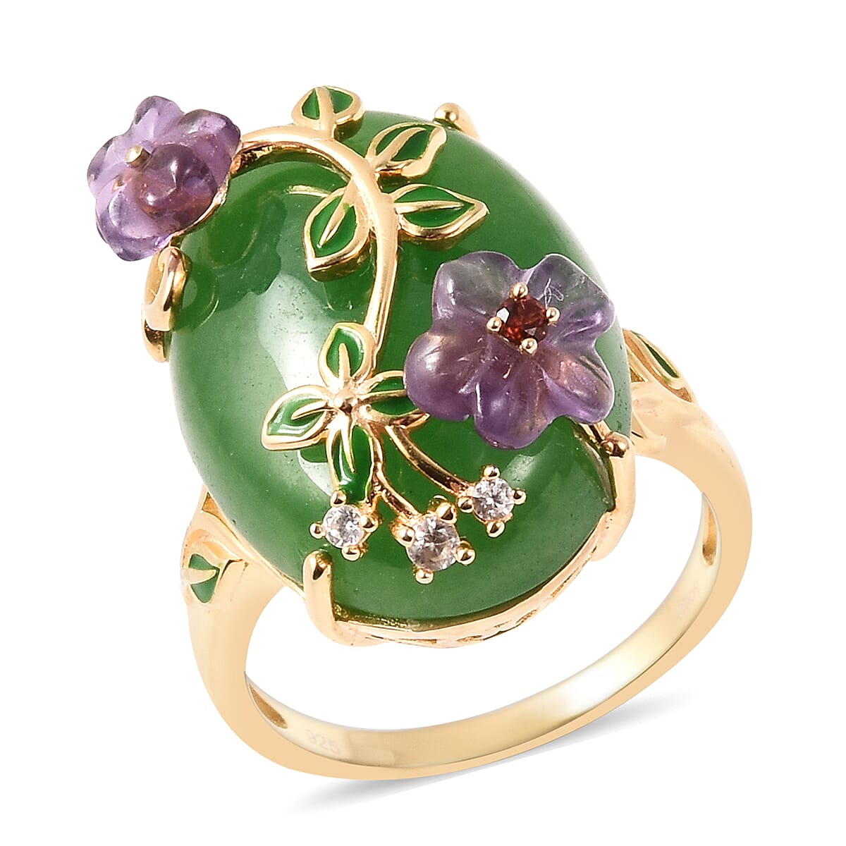Jardin Collection - Green Jade, Amethyst and Multi Gemstone Enamelled Floral Ring in Yellow Gold Overlay Sterling Silver 27.71 Ct, Silver wt 5.63 Gms