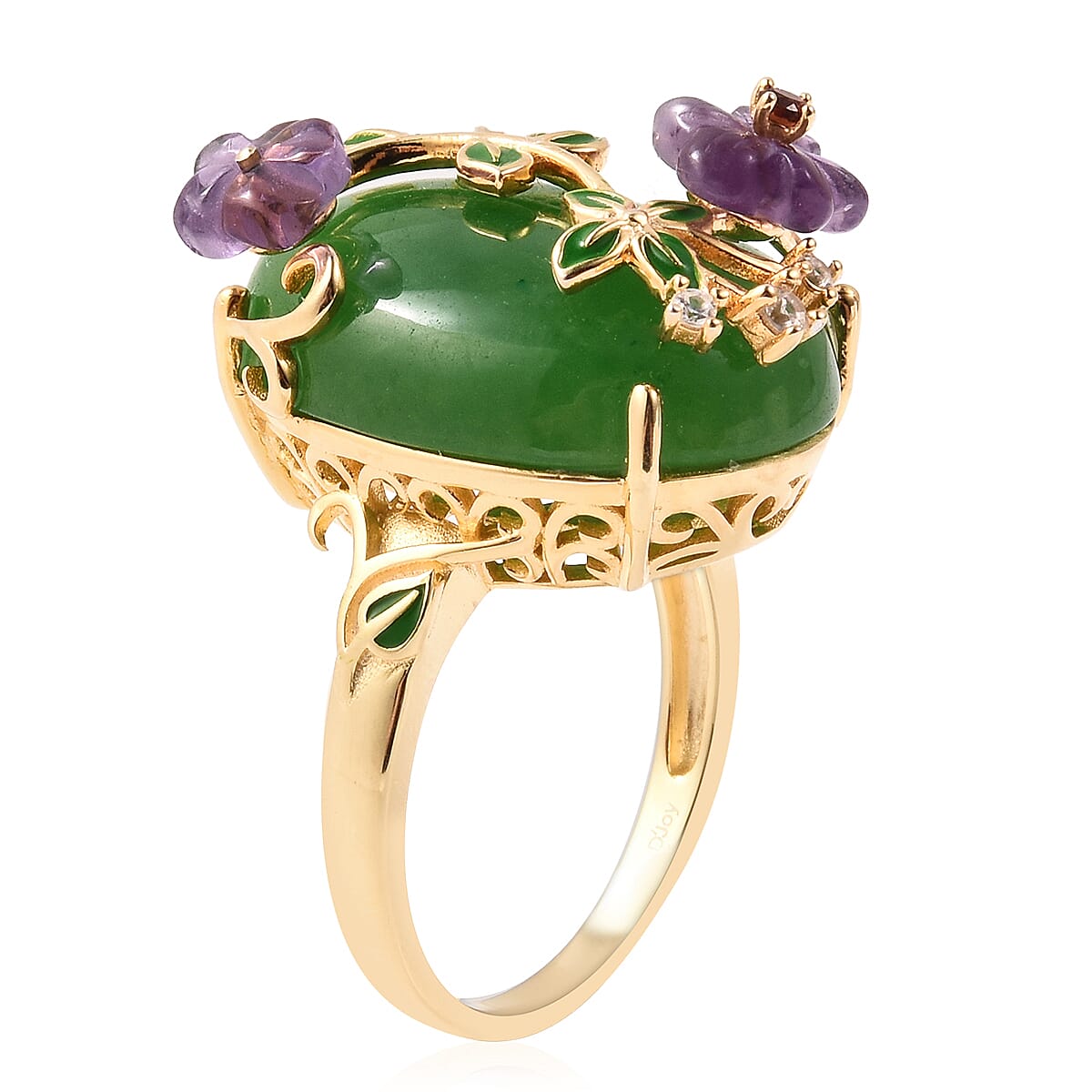 Jardin Collection - Green Jade, Amethyst and Multi Gemstone Enamelled Floral Ring in Yellow Gold Overlay Sterling Silver 27.71 Ct, Silver wt 5.63 Gms