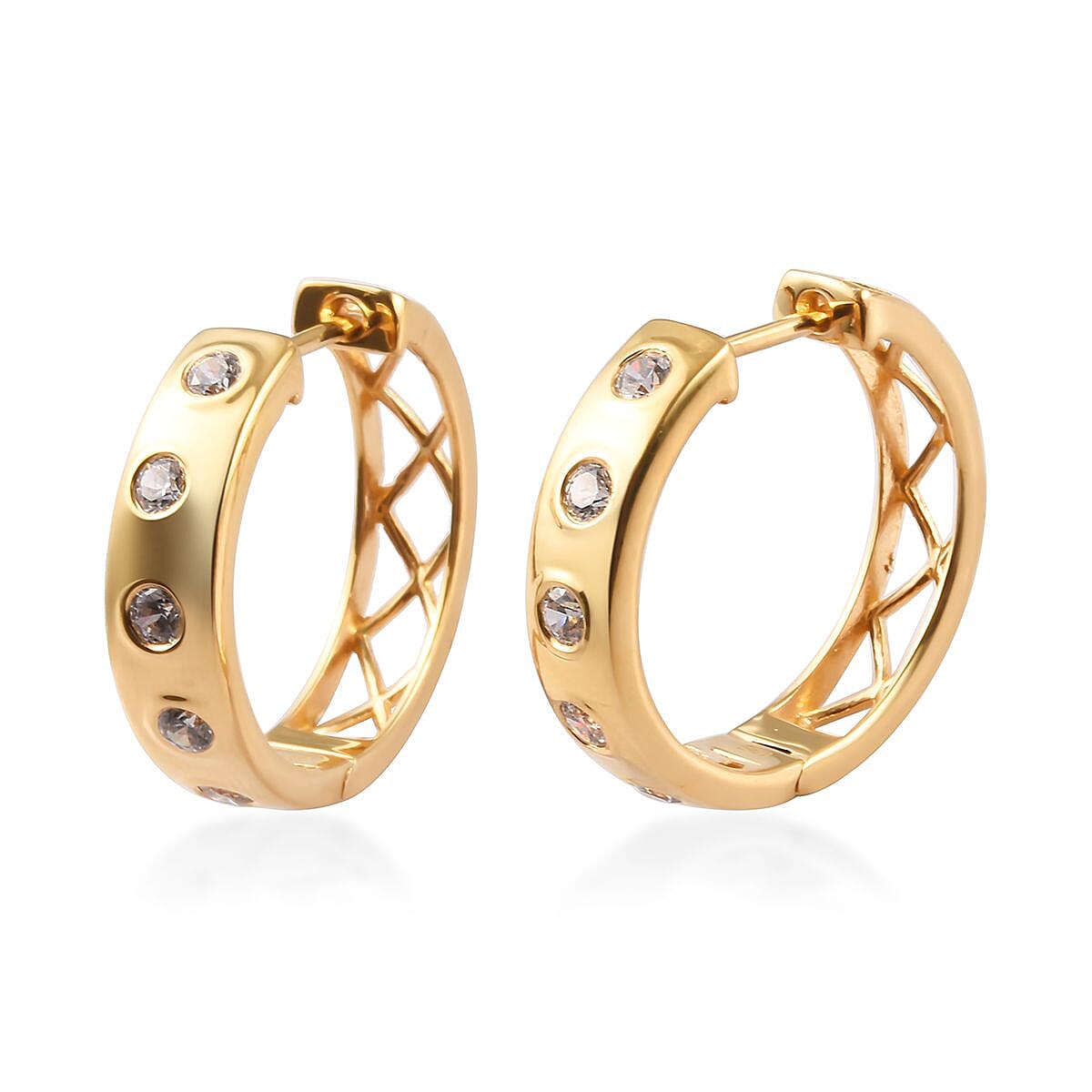 J Francis - 14K Gold Overlay Sterling Silver Hoop Earrings (with Clasp) Made with Finest CZ 2.00 Ct, Silver Wt 8.00 Gms