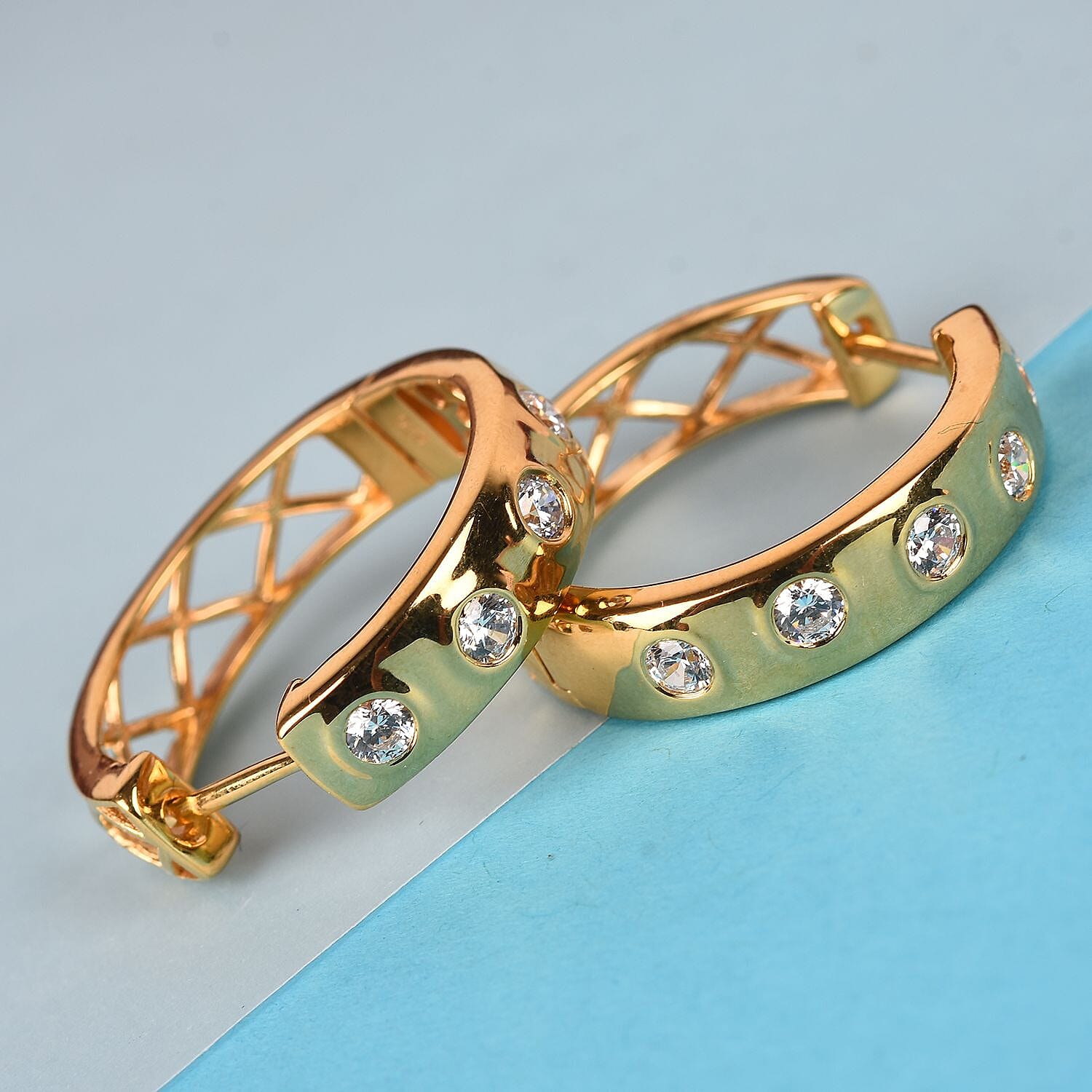 J Francis - 14K Gold Overlay Sterling Silver Hoop Earrings (with Clasp) Made with Finest CZ 2.00 Ct, Silver Wt 8.00 Gms