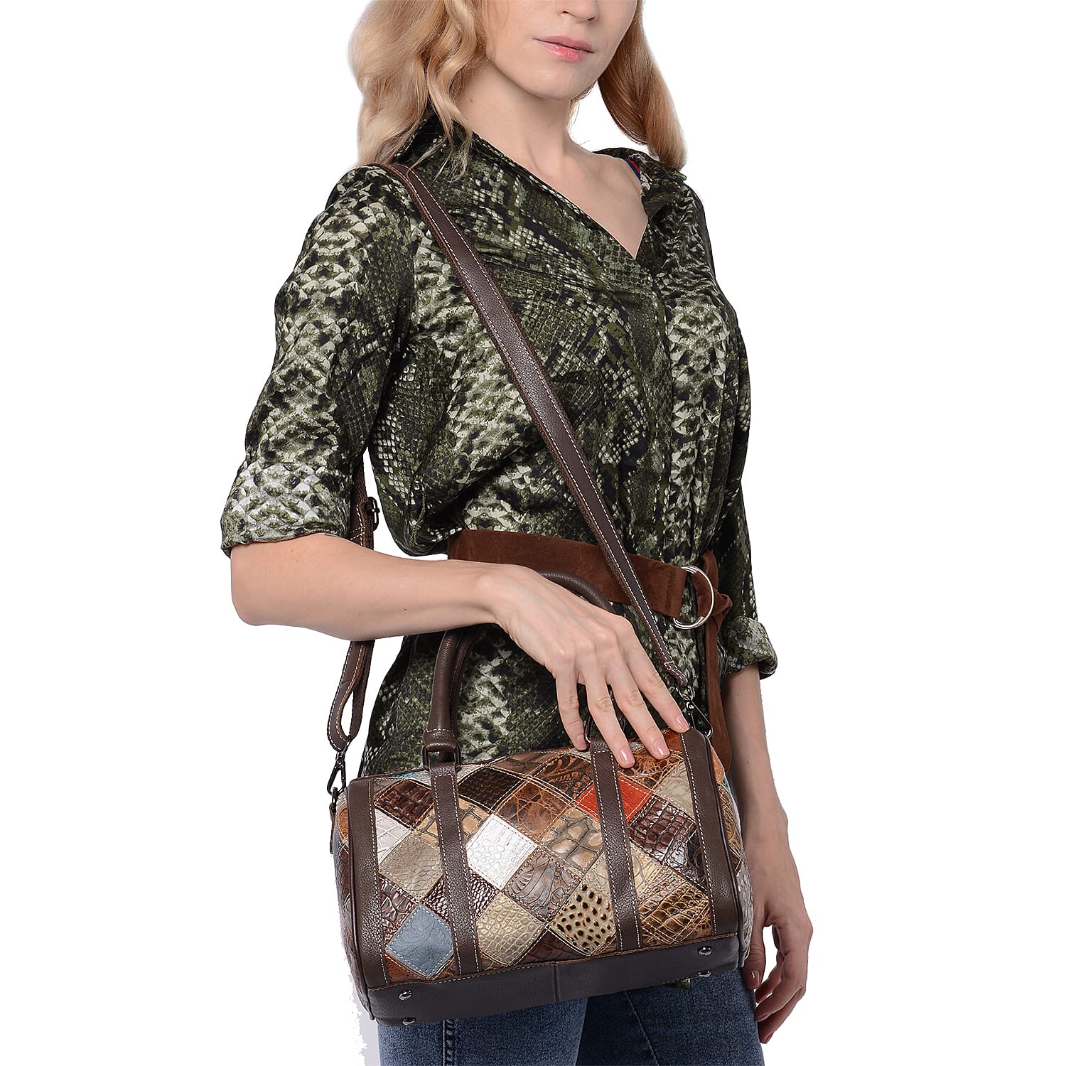 100% Genuine Leather Diamond Pattern Bowling Bag with Detachable Shoulder Strap (Size 28x16x16 Cm- Multi Colour