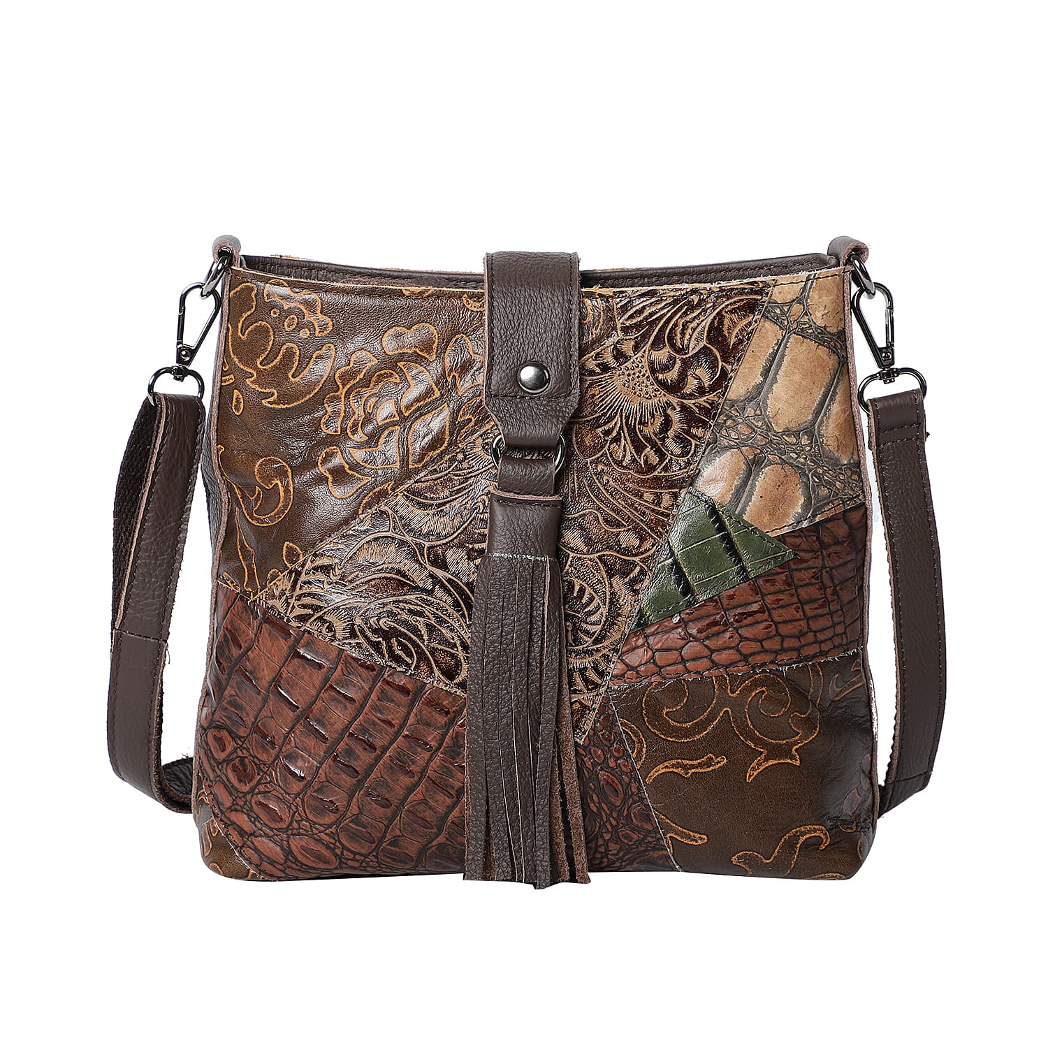 100% Genuine Leather Vintage Printed Crossbody Bag with Tassel (Size 25x24x8cm) - Multi Colour
