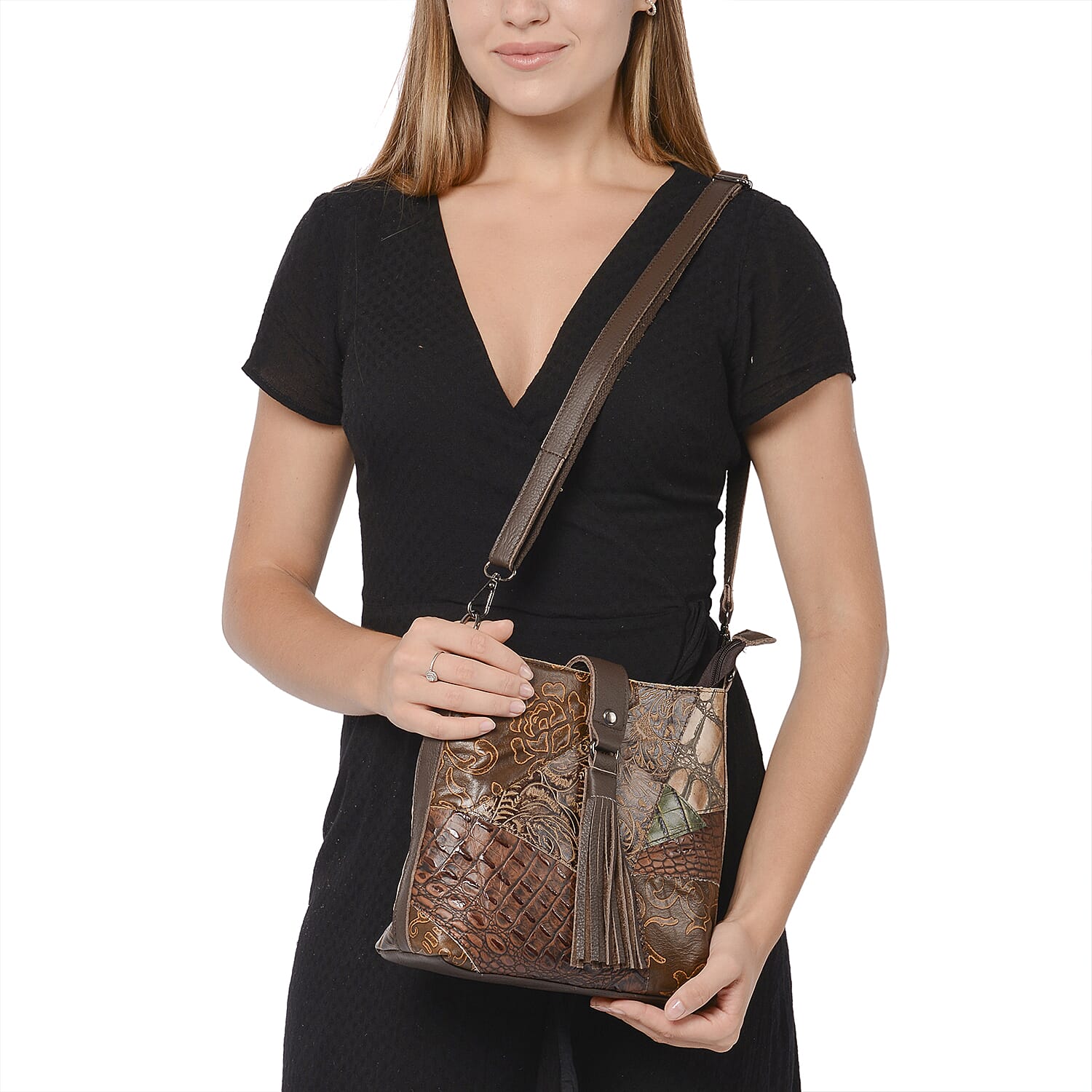 100% Genuine Leather Vintage Printed Crossbody Bag with Tassel (Size 25x24x8cm) - Multi Colour