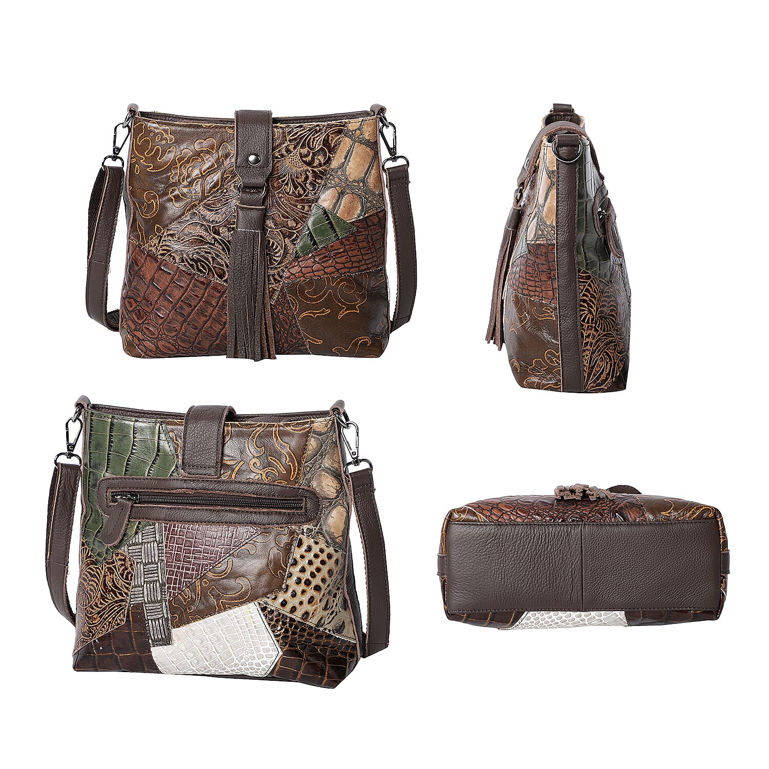 100% Genuine Leather Vintage Printed Crossbody Bag with Tassel (Size 25x24x8cm) - Multi Colour