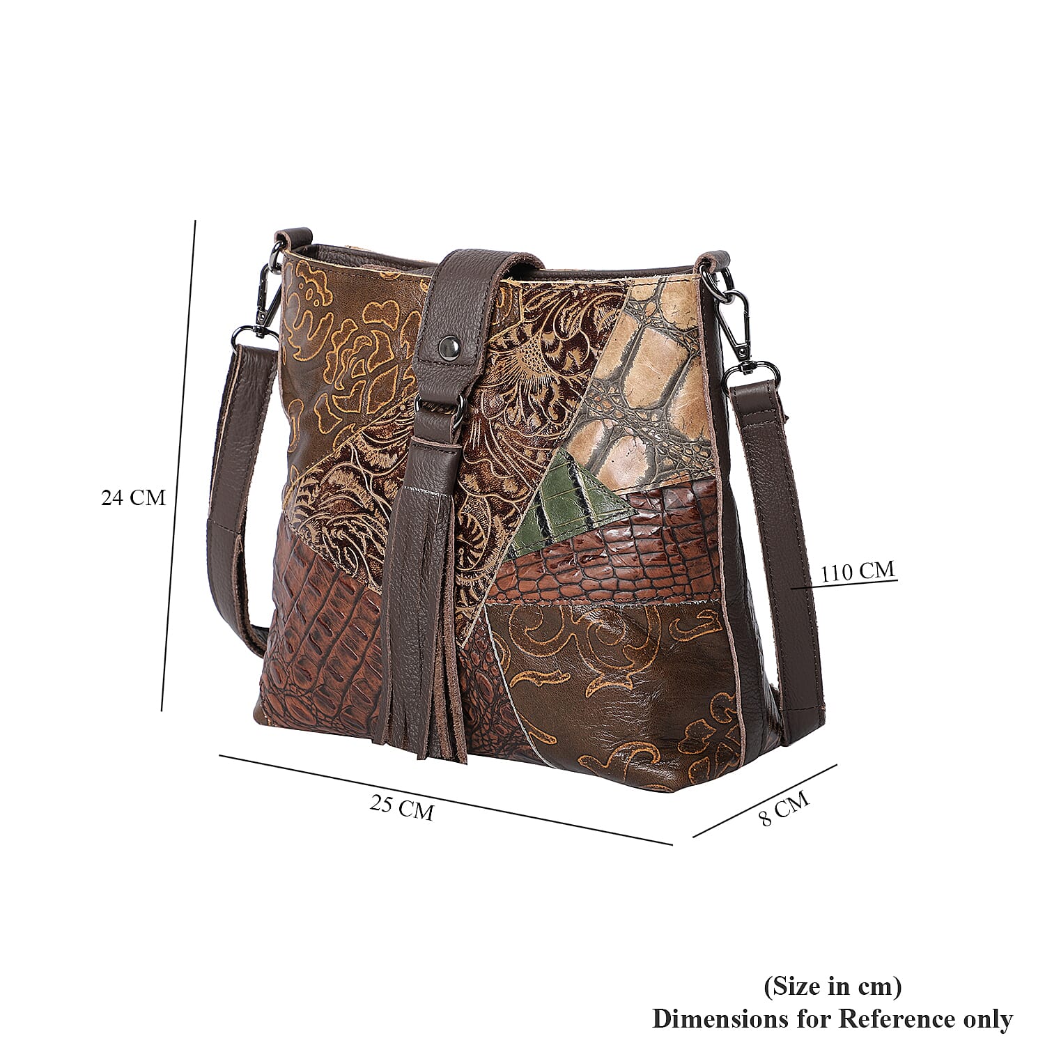 100% Genuine Leather Vintage Printed Crossbody Bag with Tassel (Size 25x24x8cm) - Multi Colour