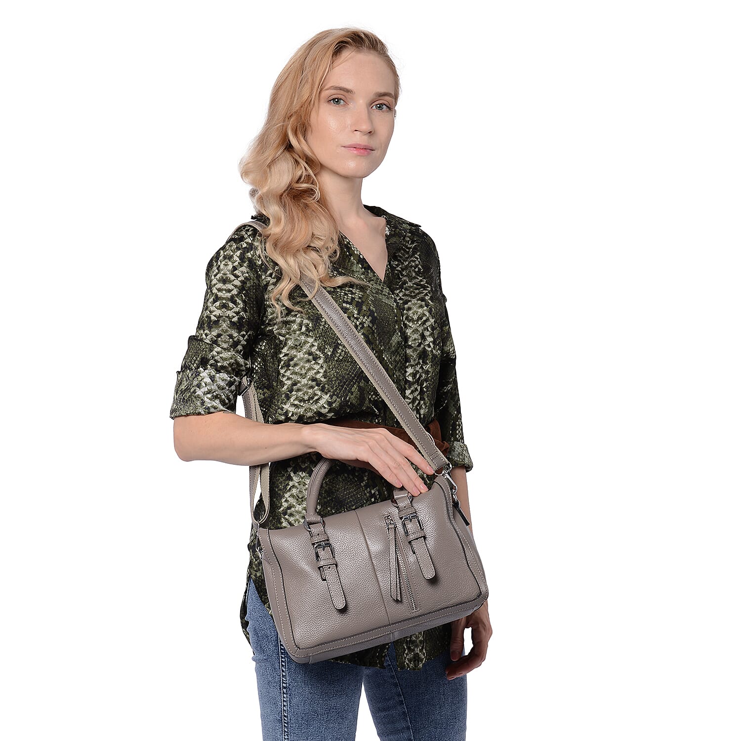 Super Soft 100% Genuine Leather Handbag with Detachable Shoulder Strap and Zipper Closure (Size 30x12x20cm) - Grey