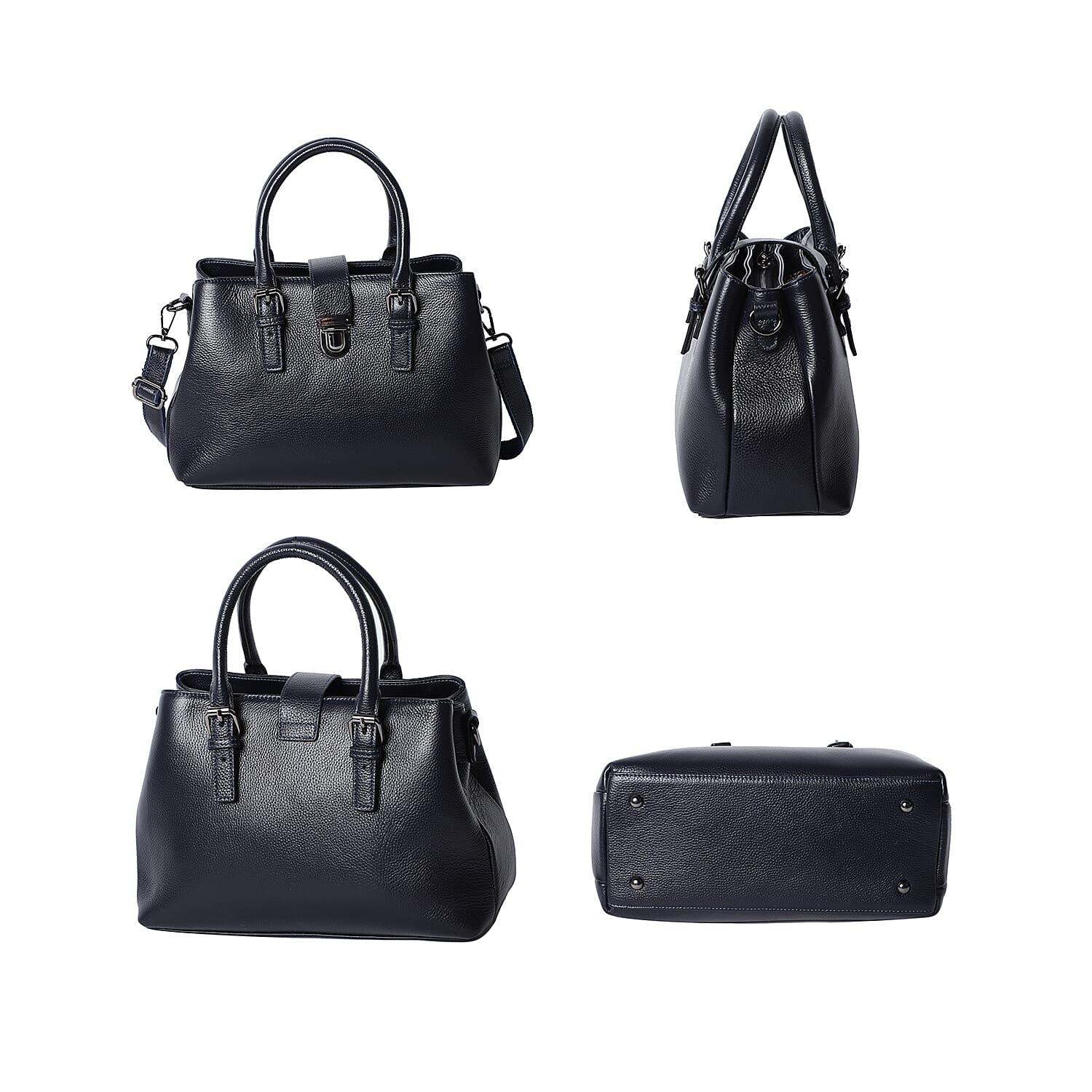100% Genuine Leather Handbag with Detachable Shoulder Strap and Zipper Closure (Size 30x12x20cm) - Blue