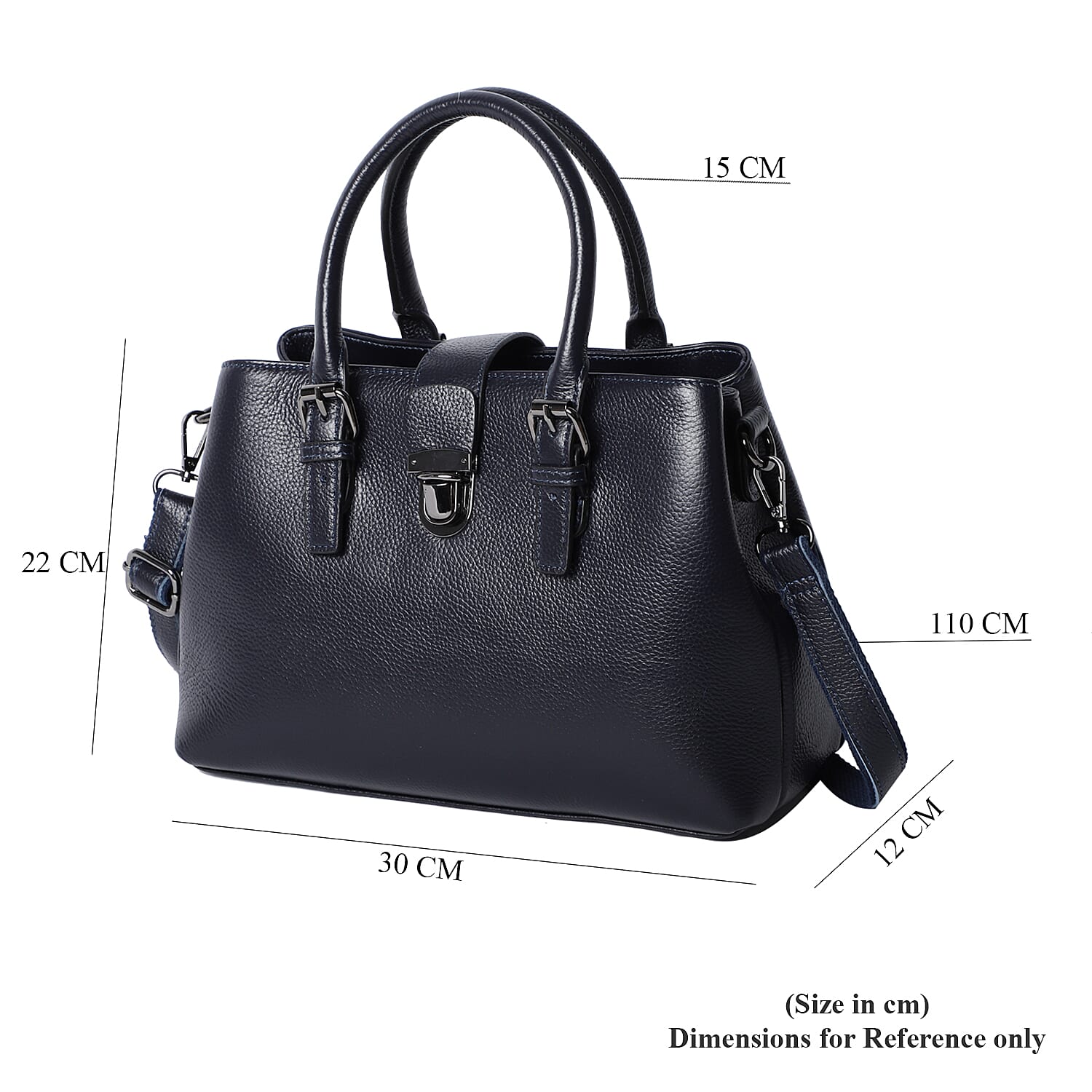100% Genuine Leather Handbag with Detachable Shoulder Strap and Zipper Closure (Size 30x12x20cm) - Blue