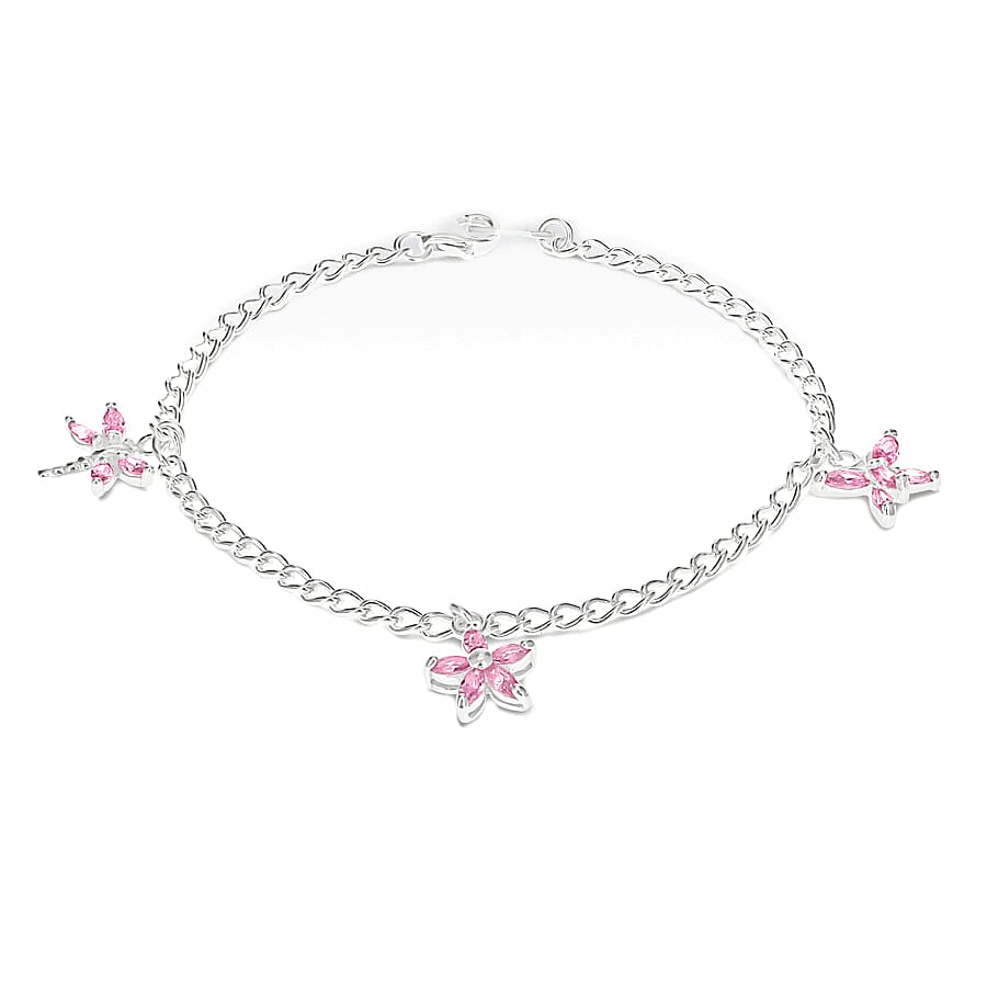 Charmes De Memoire Pink Zirconia Charm Bracelet (Size 7.5) in Sterling Silver 2.00 Ct, Silver wt 4.50 Gms