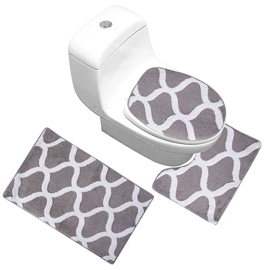 3 Piece Set - Anti-Slip Bathmat (50x80cm), Toilet Seat Cover (40x50cm) and Contour Mat (39x48cm) - Grey & White Colour