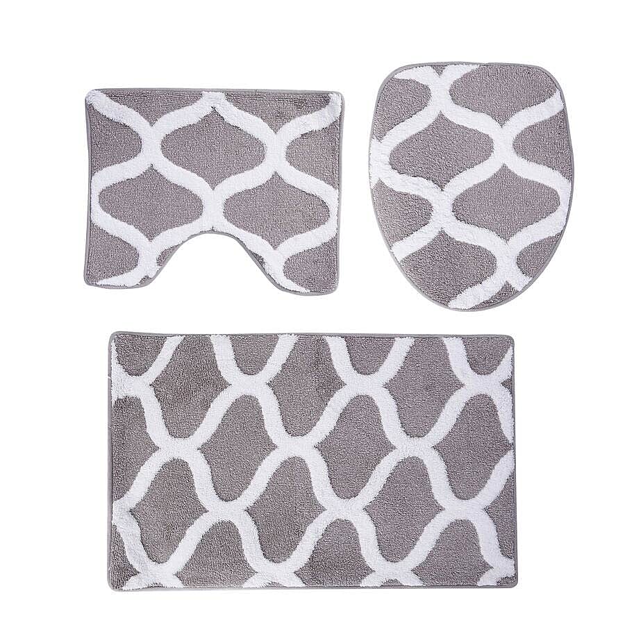 3 Piece Set - Anti-Slip Bathmat (50x80cm), Toilet Seat Cover (40x50cm) and Contour Mat (39x48cm) - Grey & White Colour