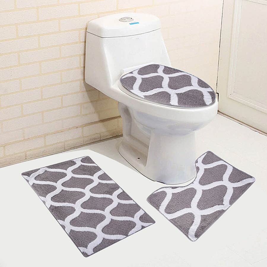3 Piece Set - Anti-Slip Bathmat (50x80cm), Toilet Seat Cover (40x50cm) and Contour Mat (39x48cm) - Grey & White Colour