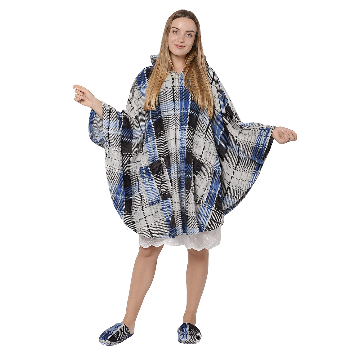2 Piece Set - Check Pattern Flannel Hooded Wrap and Slipper  - Grey, Blue and Black