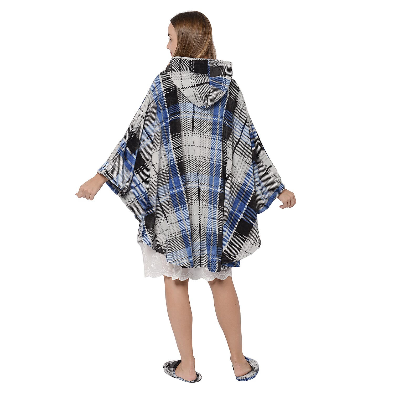 2 Piece Set - Check Pattern Flannel Hooded Wrap and Slipper  - Grey, Blue and Black