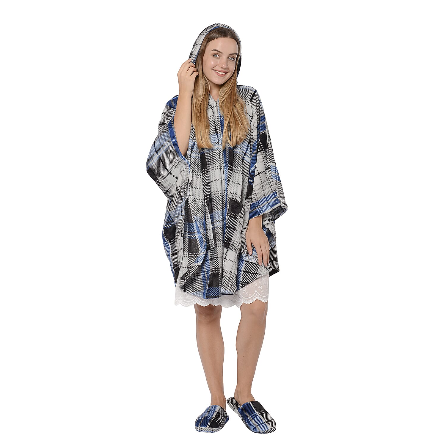 2 Piece Set - Check Pattern Flannel Hooded Wrap and Slipper  - Grey, Blue and Black