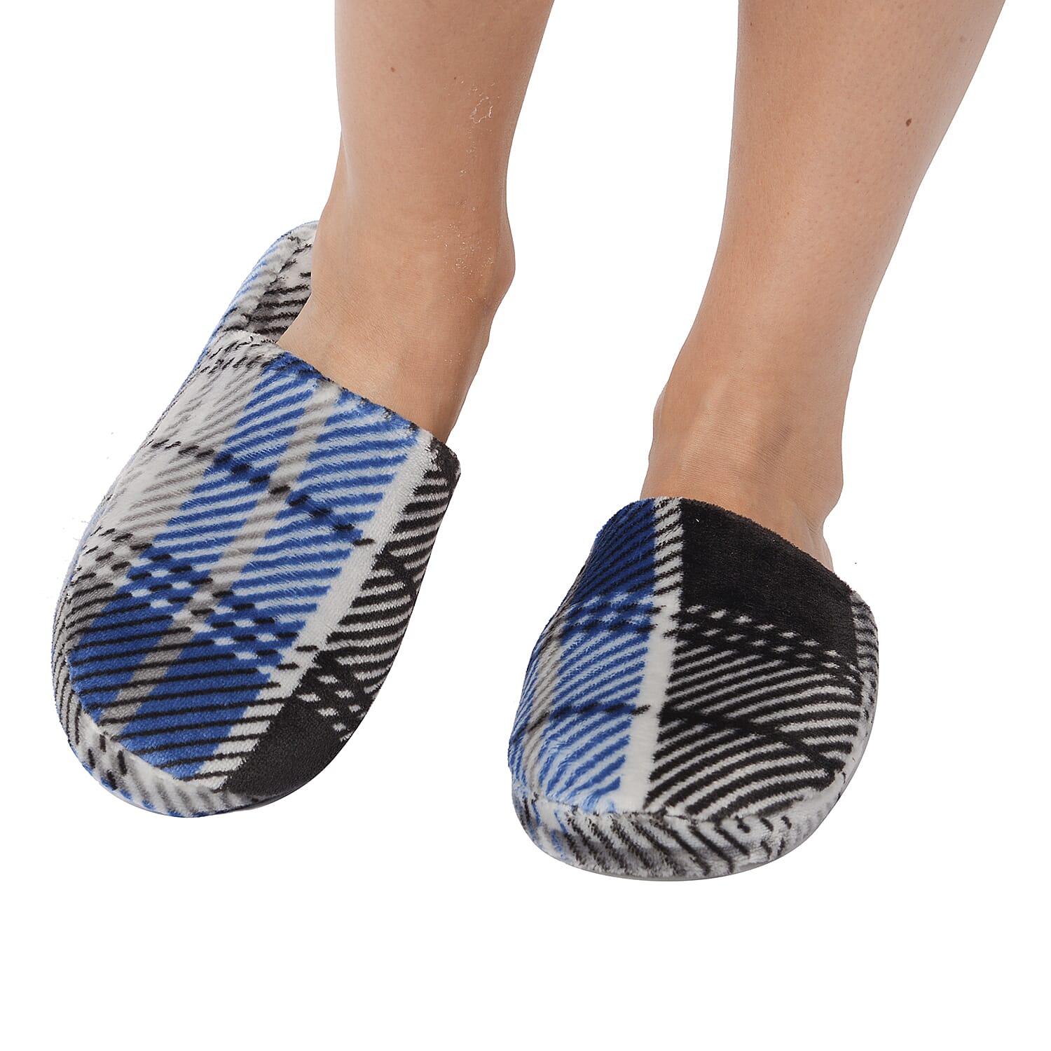 2 Piece Set - Check Pattern Flannel Hooded Wrap and Slipper  - Grey, Blue and Black
