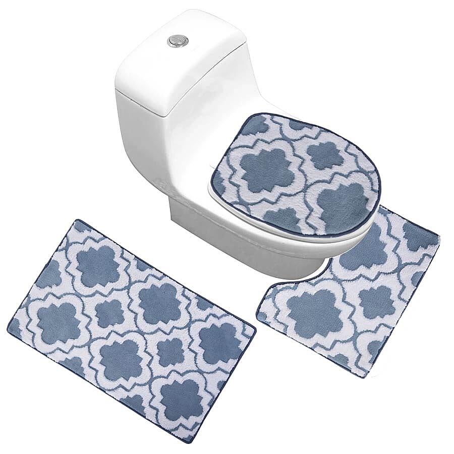 3 Piece Set - Anti-Slip Bathmat (50x80cm), Toilet Seat Cover (40x50cm) and Contour Mat (39x48cm) - Teal & White Colour