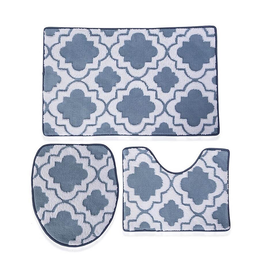 3 Piece Set - Anti-Slip Bathmat (50x80cm), Toilet Seat Cover (40x50cm) and Contour Mat (39x48cm) - Teal & White Colour