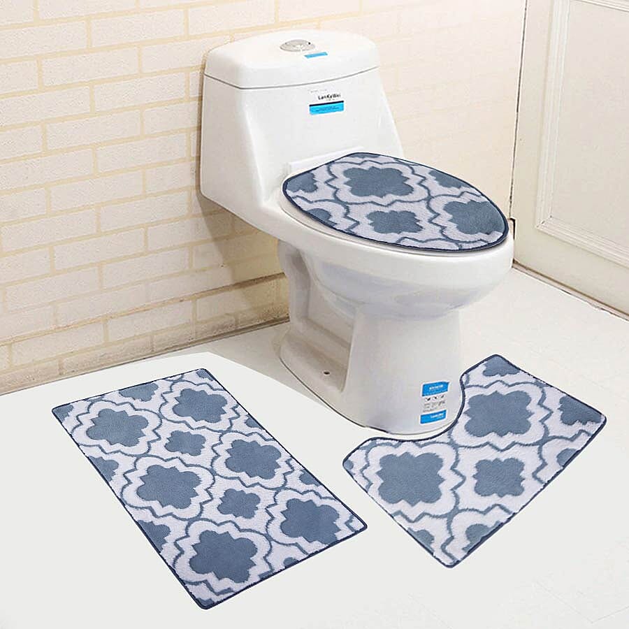 3 Piece Set - Anti-Slip Bathmat (50x80cm), Toilet Seat Cover (40x50cm) and Contour Mat (39x48cm) - Teal & White Colour
