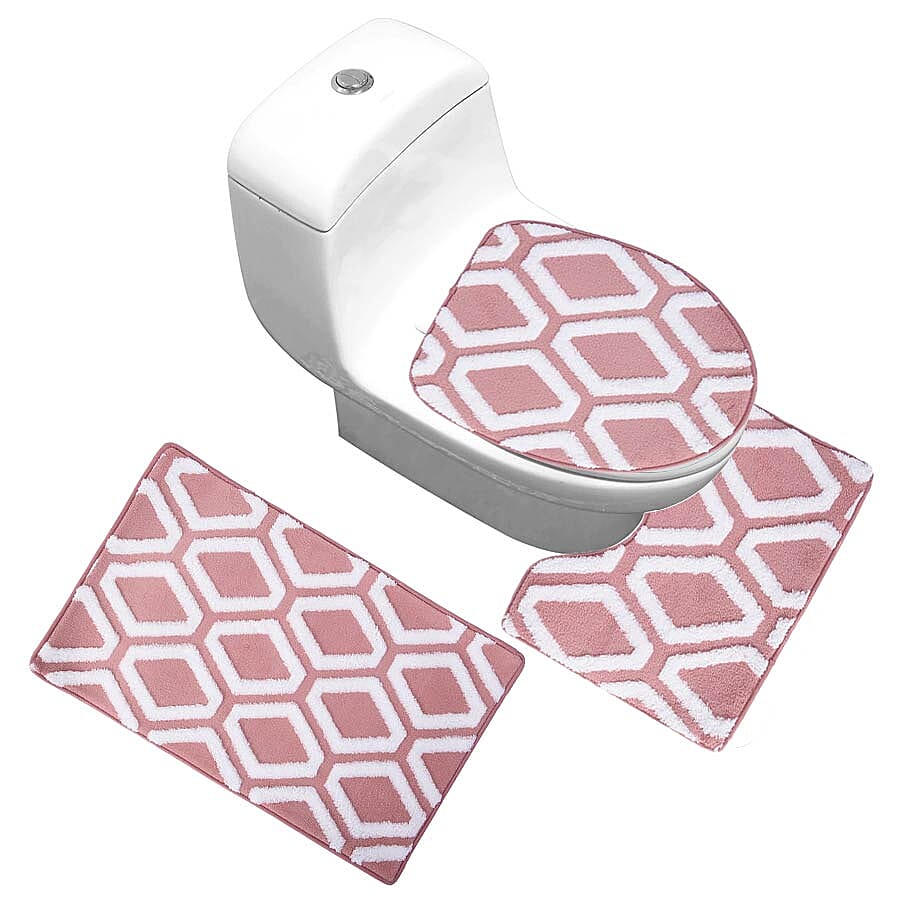 3 Piece Set - Anti-Slip Bathmat (50x80cm), Toilet Seat Cover (40x50cm) and Contour Mat (39x48cm) - Dusty Pink and White Colour