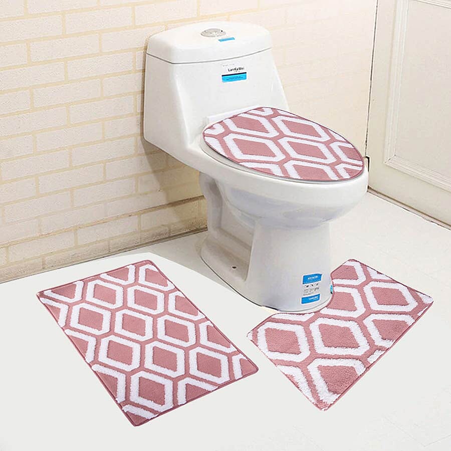 3 Piece Set - Anti-Slip Bathmat (50x80cm), Toilet Seat Cover (40x50cm) and Contour Mat (39x48cm) - Dusty Pink and White Colour