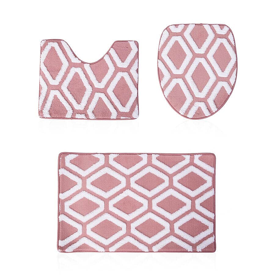3 Piece Set - Anti-Slip Bathmat (50x80cm), Toilet Seat Cover (40x50cm) and Contour Mat (39x48cm) - Dusty Pink and White Colour