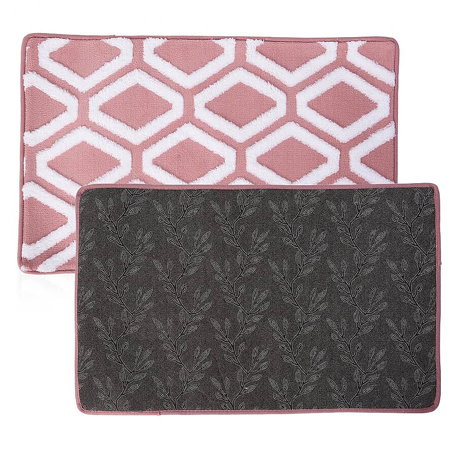 3 Piece Set - Anti-Slip Bathmat (50x80cm), Toilet Seat Cover (40x50cm) and Contour Mat (39x48cm) - Dusty Pink and White Colour