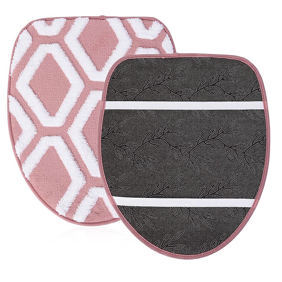 3 Piece Set - Anti-Slip Bathmat (50x80cm), Toilet Seat Cover (40x50cm) and Contour Mat (39x48cm) - Dusty Pink and White Colour