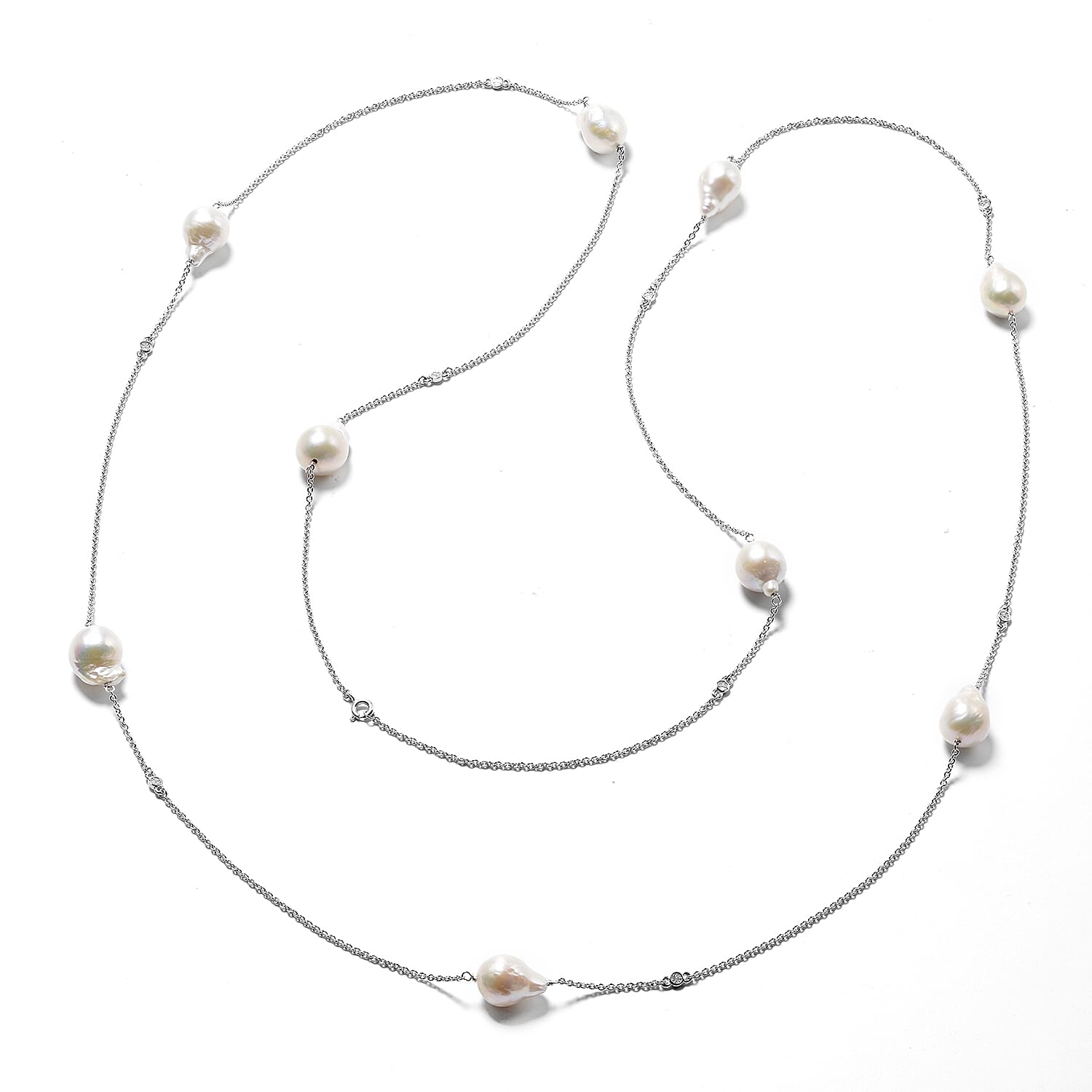 Isabella Liu Twilight Collection - Baroque Edison Pearl and Diamond Necklace (Size 60) in Rhodium Overlay Sterling Silver, Silver Wt. 13.56 Gms