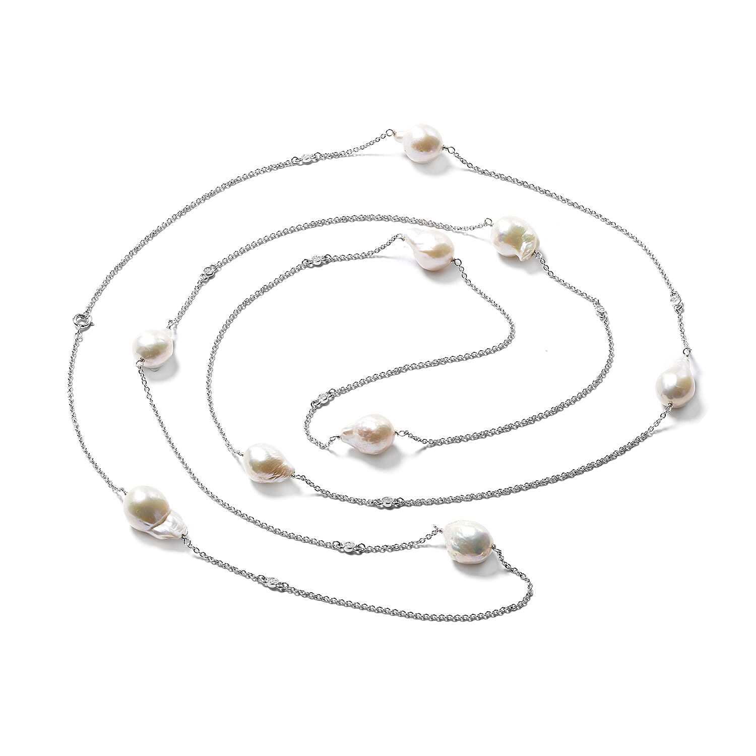 Isabella Liu Twilight Collection - Baroque Edison Pearl and Diamond Necklace (Size 60) in Rhodium Overlay Sterling Silver, Silver Wt. 13.56 Gms