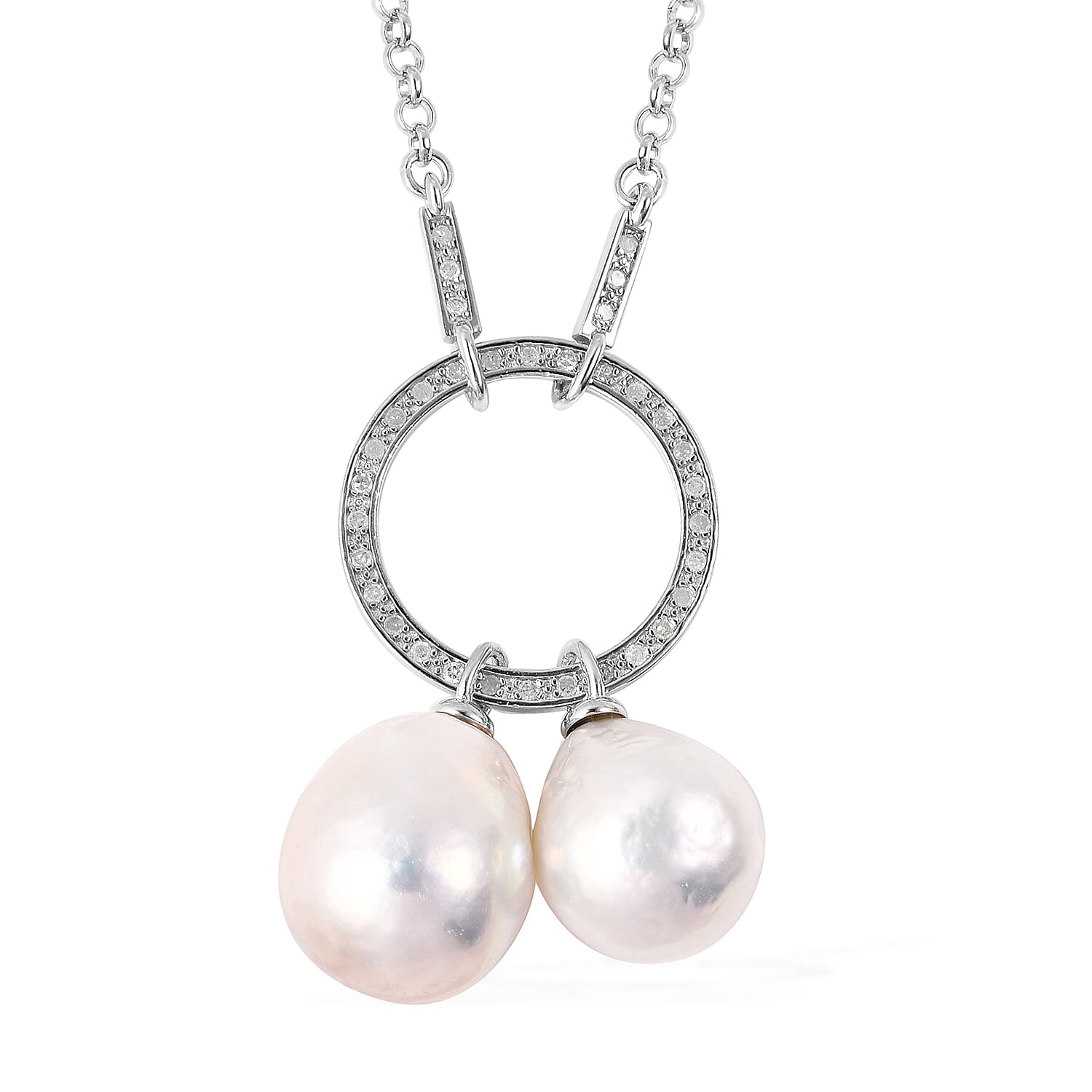 Isabella Liu Twilight Collection - Baroque Edison Pearl and Diamond Necklace (Size 22) in Rhodium Overlay Sterling Silver, Silver wt 9.35 Gms