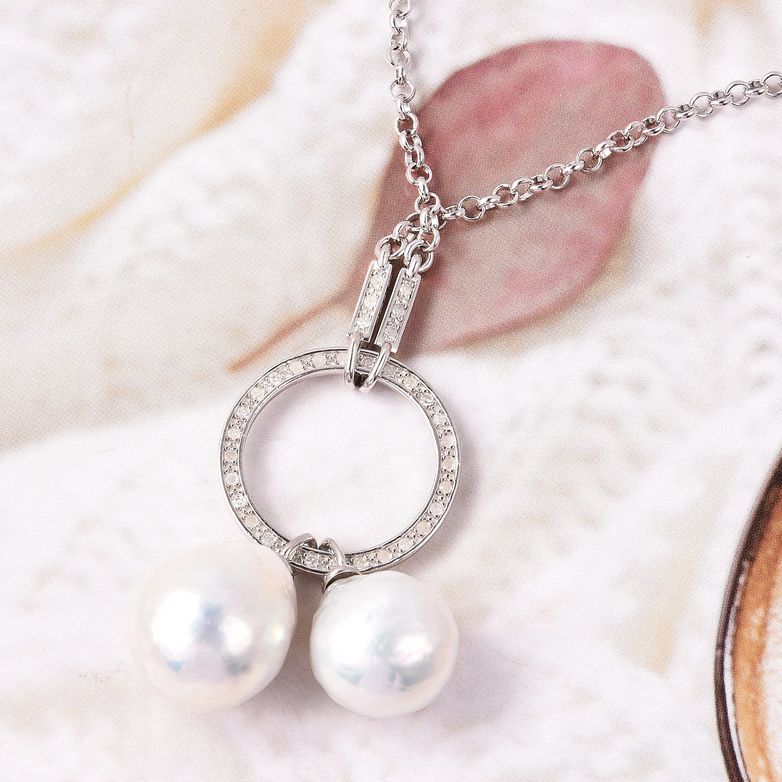 Isabella Liu Twilight Collection - Baroque Edison Pearl and Diamond Necklace (Size 22) in Rhodium Overlay Sterling Silver, Silver wt 9.35 Gms