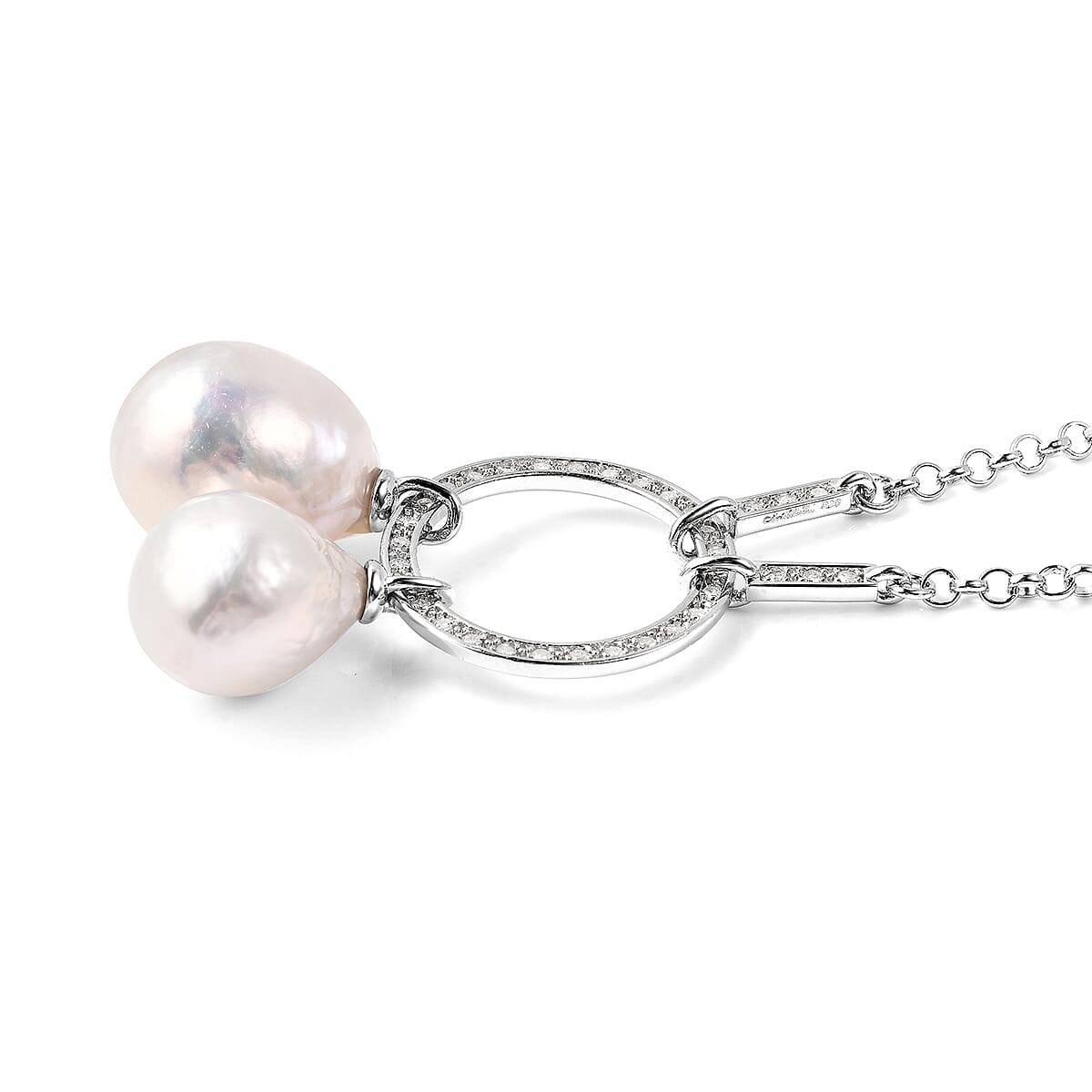 Isabella Liu Twilight Collection - Baroque Edison Pearl and Diamond Necklace (Size 22) in Rhodium Overlay Sterling Silver, Silver wt 9.35 Gms