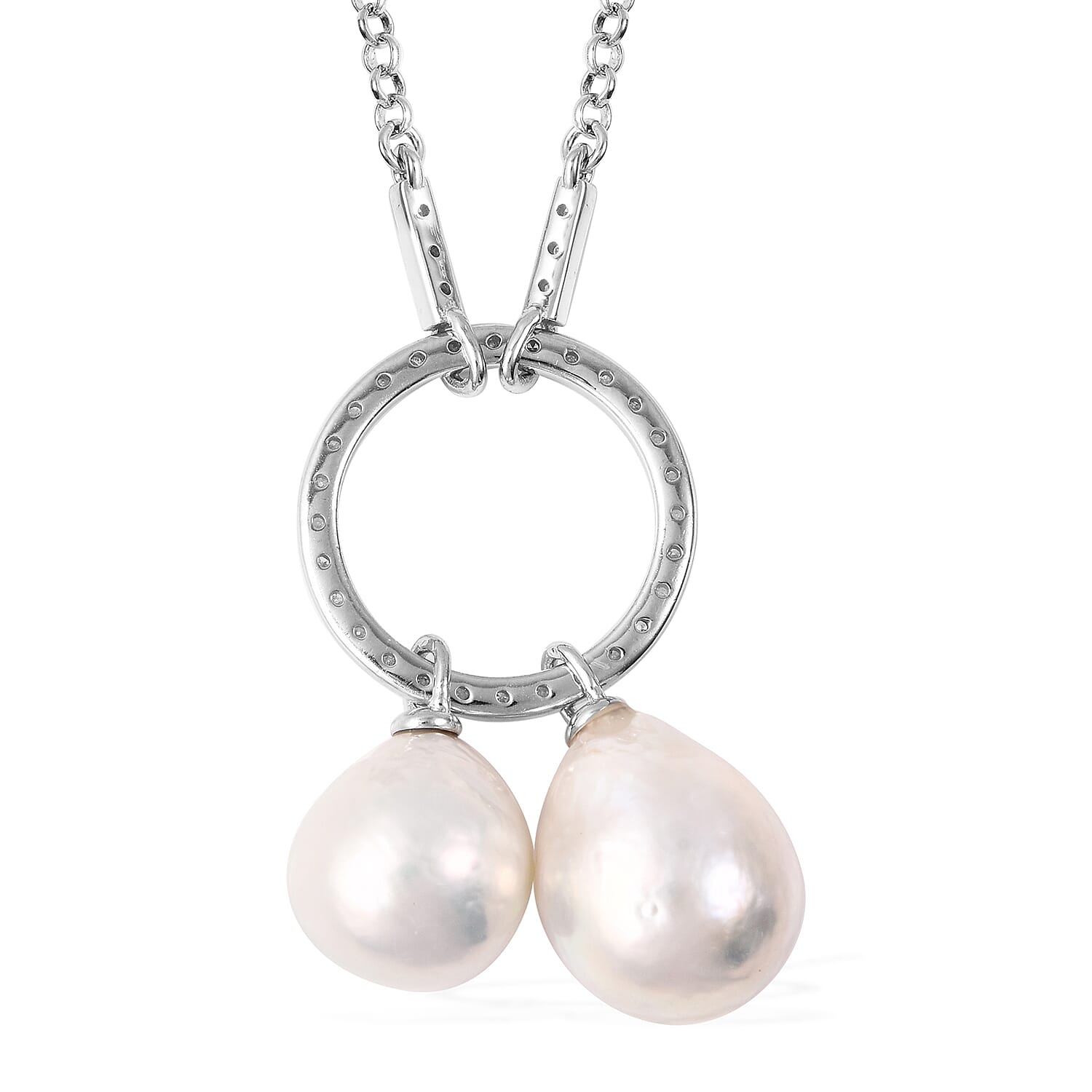 Isabella Liu Twilight Collection - Baroque Edison Pearl and Diamond Necklace (Size 22) in Rhodium Overlay Sterling Silver, Silver wt 9.35 Gms