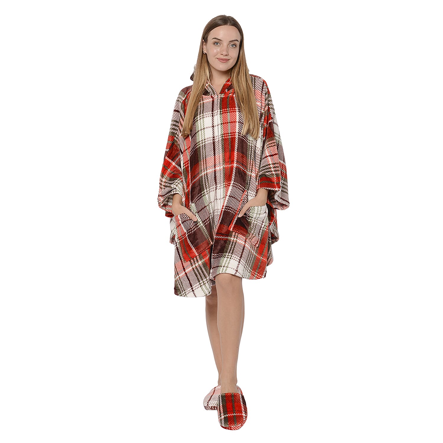 Check Pattern Flannel Hooded Wrap - Red, White and Multi Colour