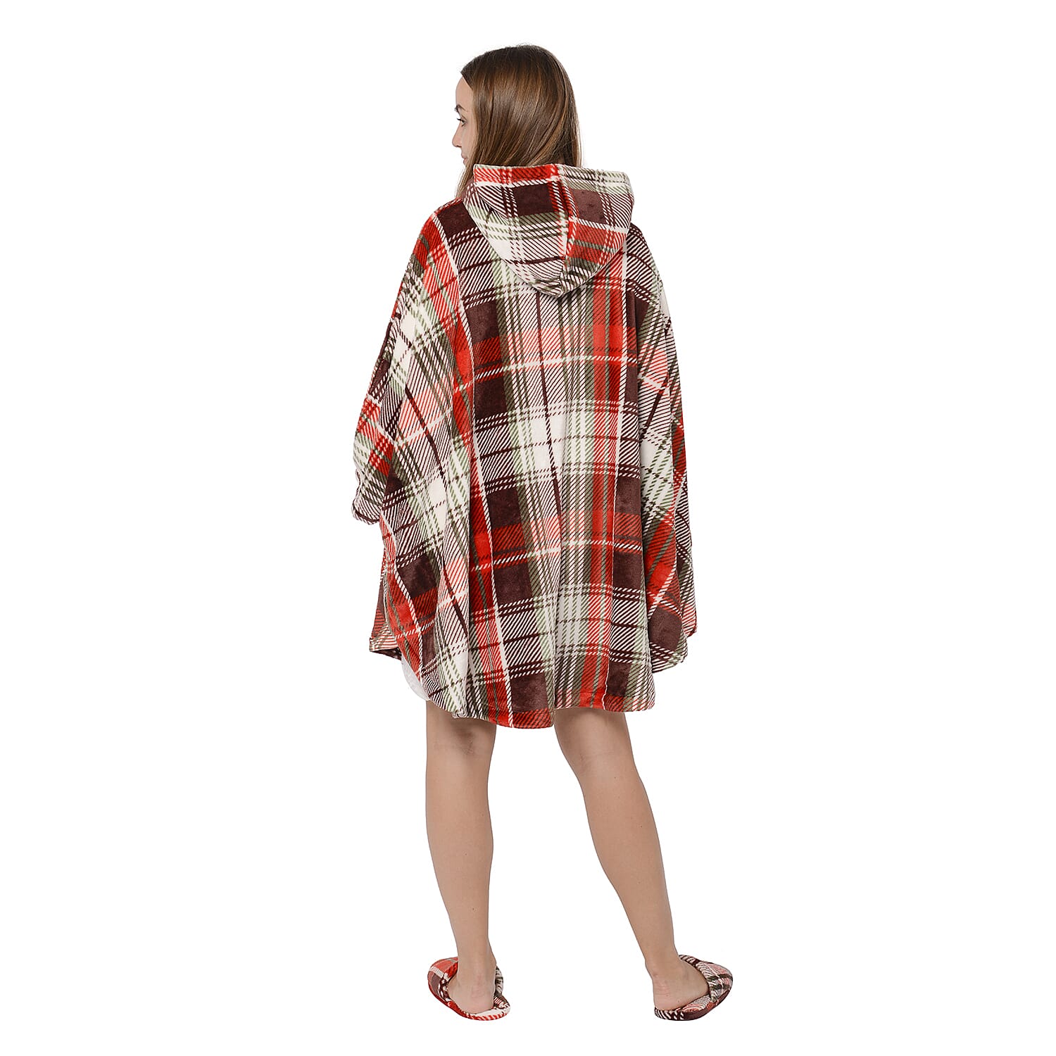 Check Pattern Flannel Hooded Wrap - Red, White and Multi Colour
