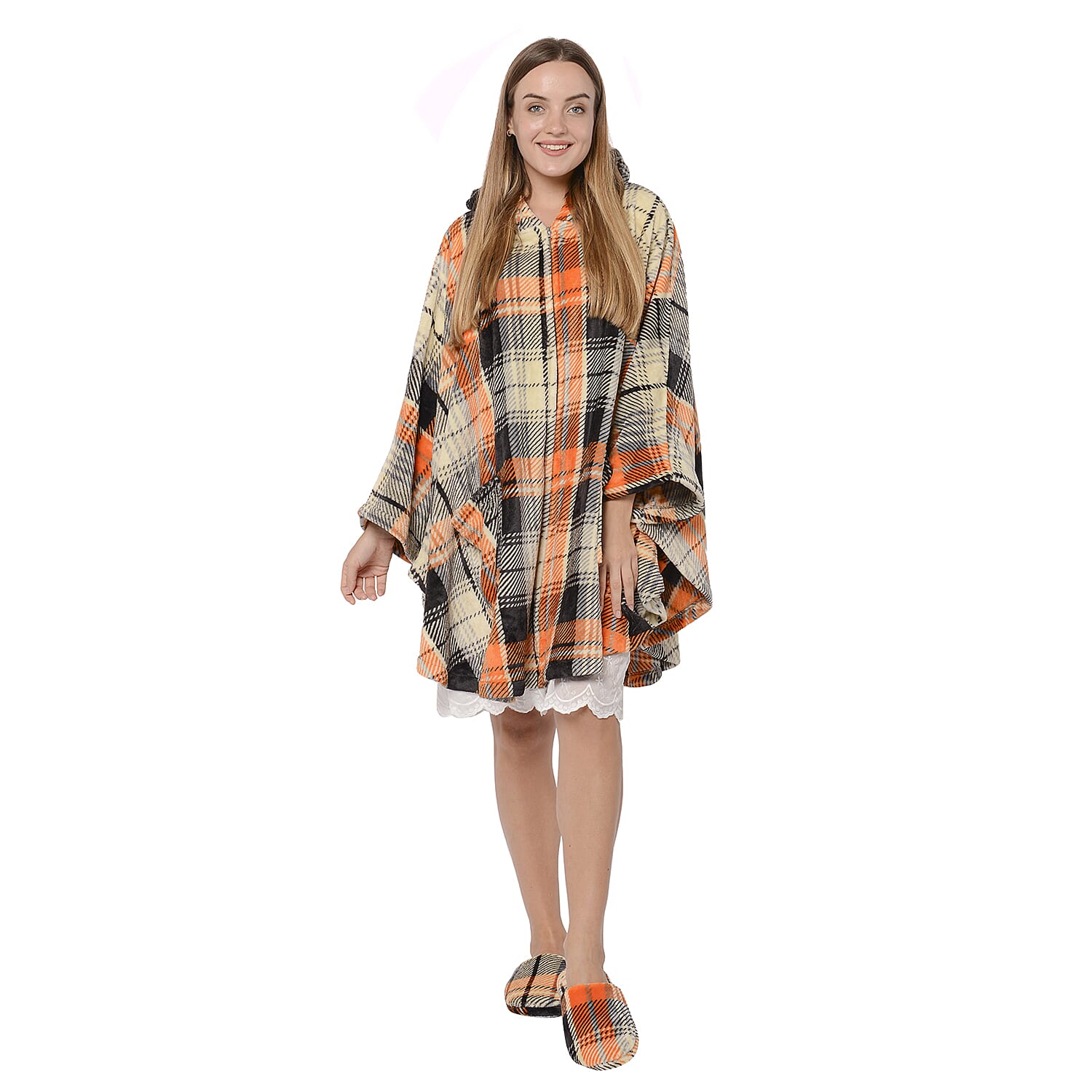 Check Pattern Flannel Hooded Wrap - Beige, Orange and Black